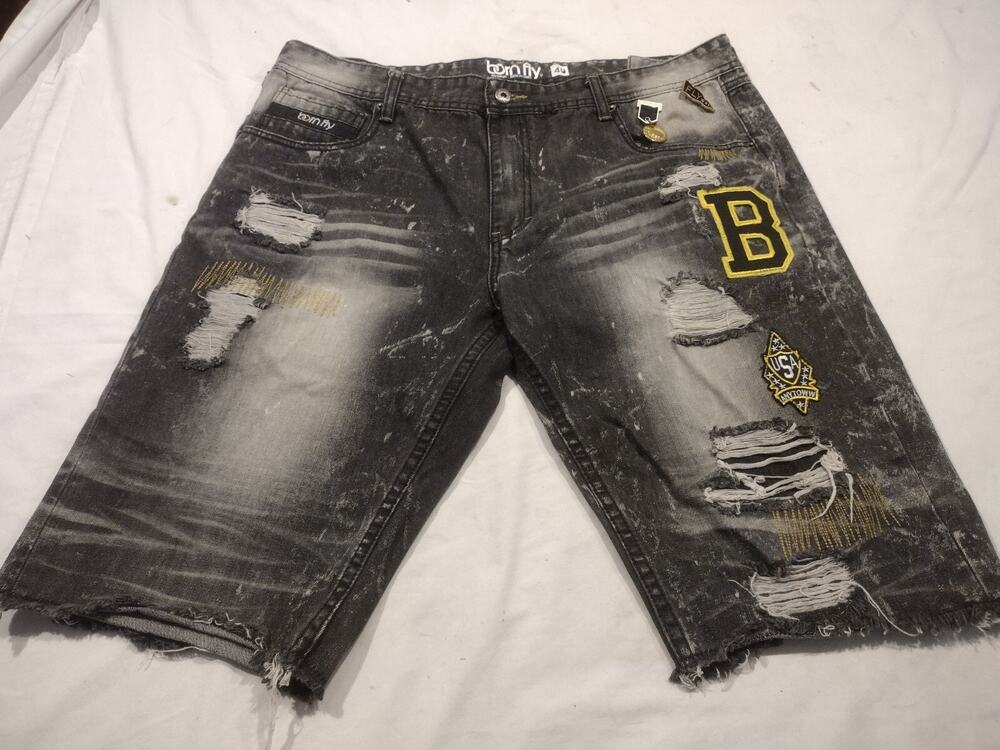 Men's Born Fly Black denim shorts size 40 Anytown Ripped Distressed